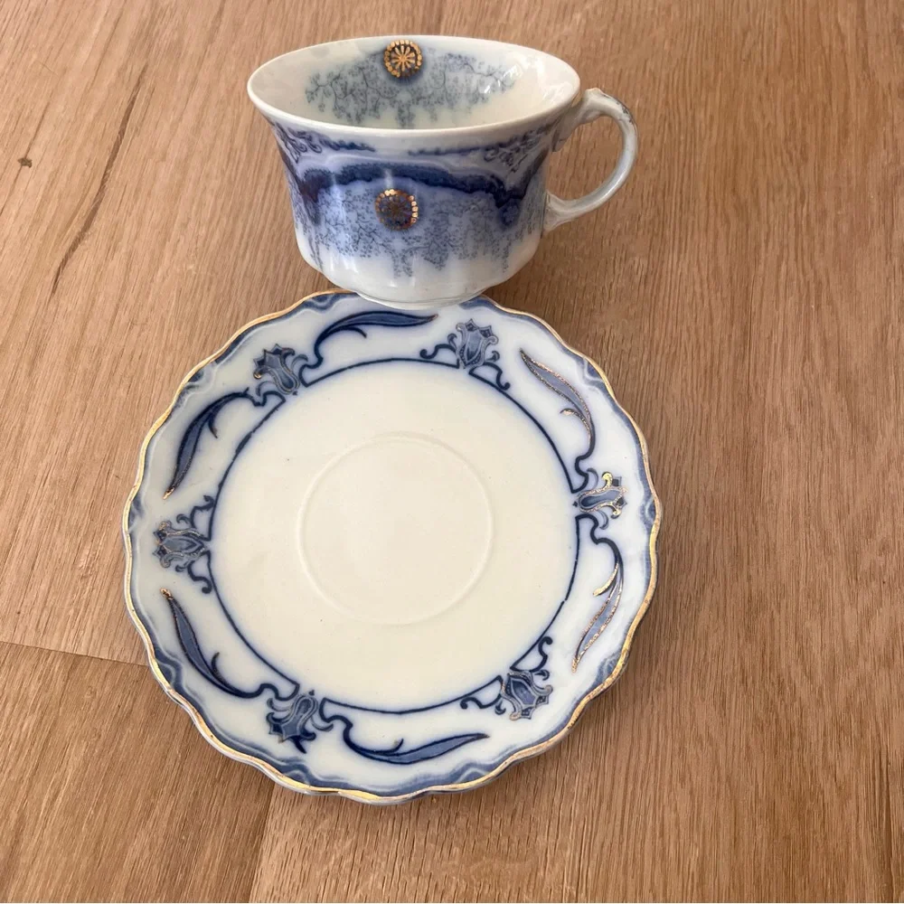 WOOD & SON CLARENCE- FLOW BLUE (c.1891-1907) CUP & SAUCER- Elgar Pattern Antique